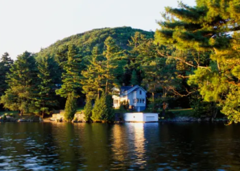 A cottage by a lake