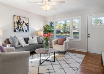 A brightly-lit living room