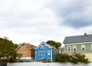 Colourful historic homes on a cloudy day