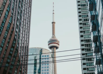 Close up of CN tower and downtown buildings