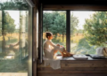 A person relaxing near a window, surrounded by nature.