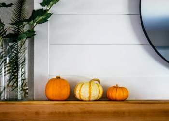 Three small pumpkins on a shelf