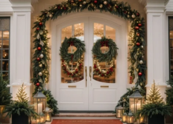 The exterior of a home decorated for Christmas.